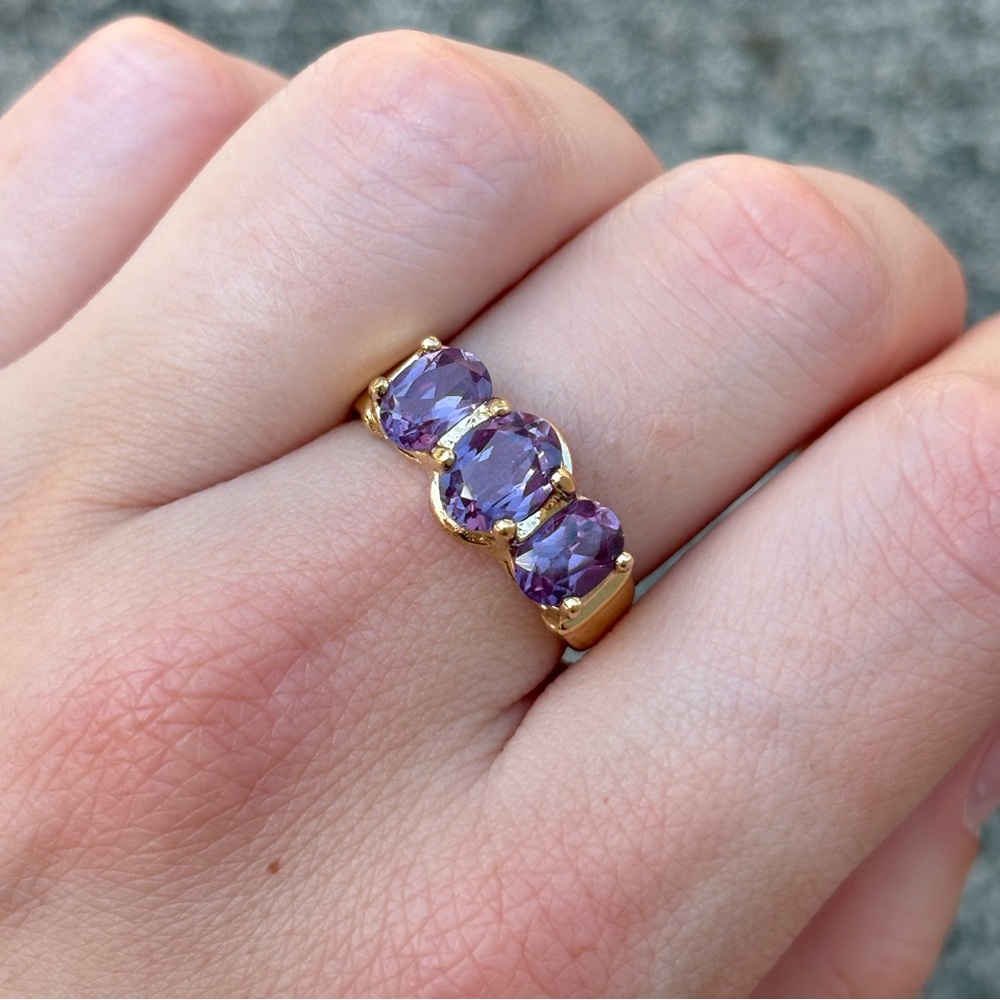 Gold Over Sterling Elegant Three Stone Amethyst Simulant Statement Ring